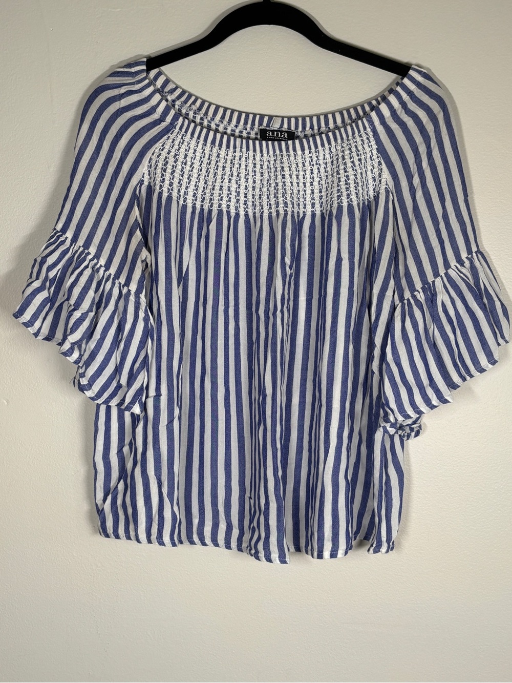 a.n.a Blue & White Striped Smocked Peasant Blouse